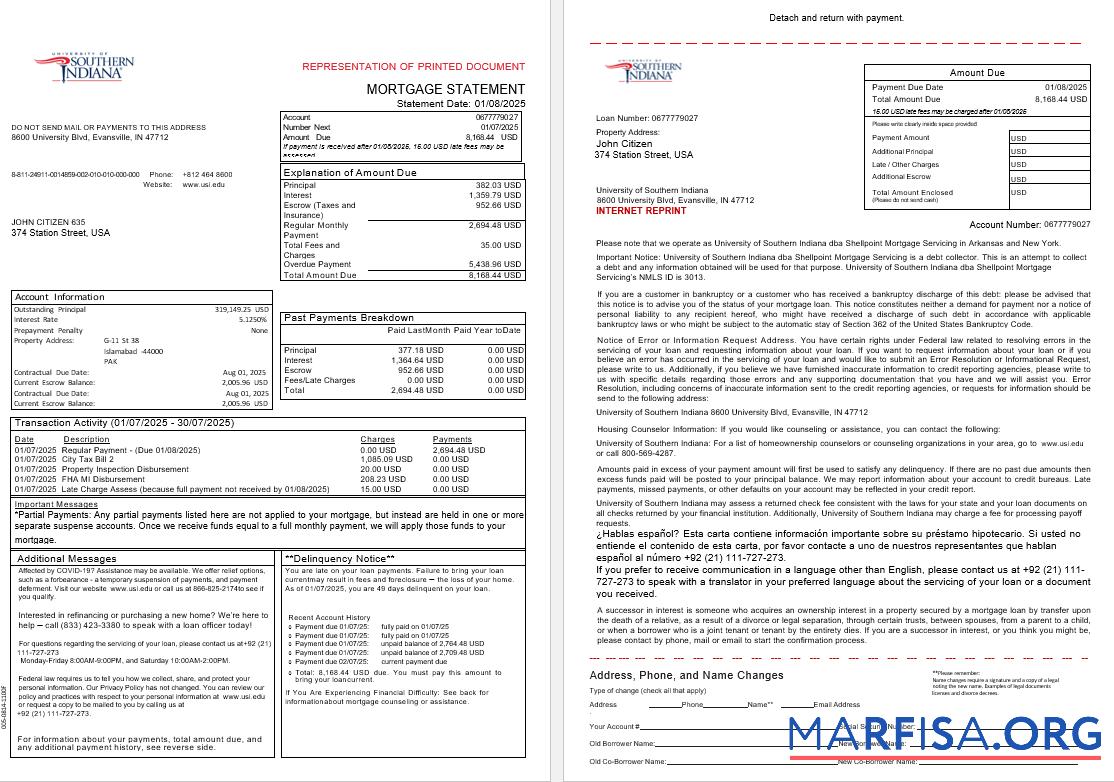 Downloadable USA University of Southern Indianna account mortgage statement in Word and PDF formats, 3 pages 1 2 example